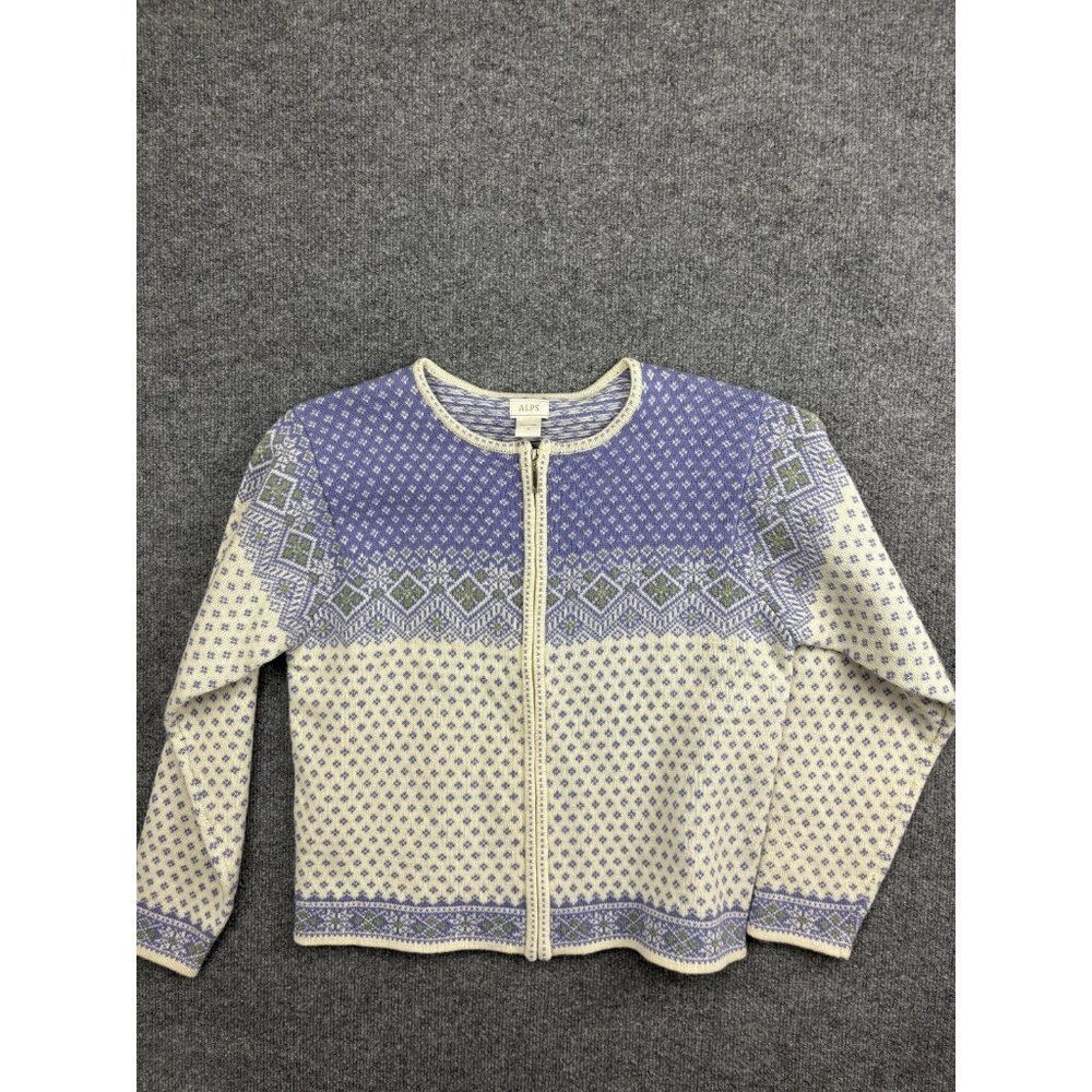 ALPS Cardigan Sweater Womens‎ Medium Purple Fair Isle Full Zip Lambswool Blend